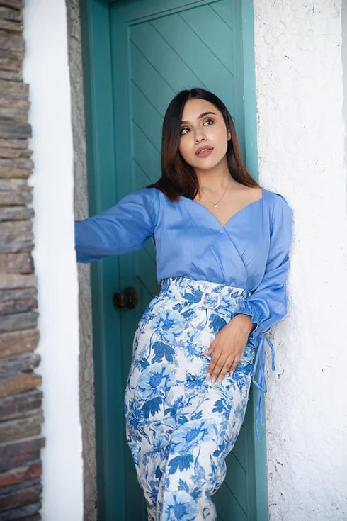 Siera White And Blue Skirt Set